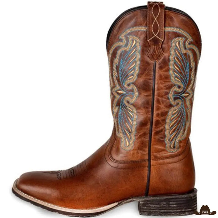 Boots Texas Country en cuir marron, broderies western piquées