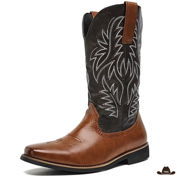 Boots Homme Santiags aspect cuir travaillé, hauteur mi-mollet country-western