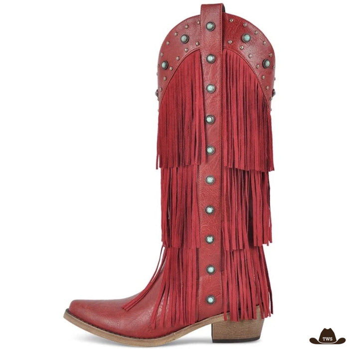 Bottes santiags rouges femme à franges étagées et clous