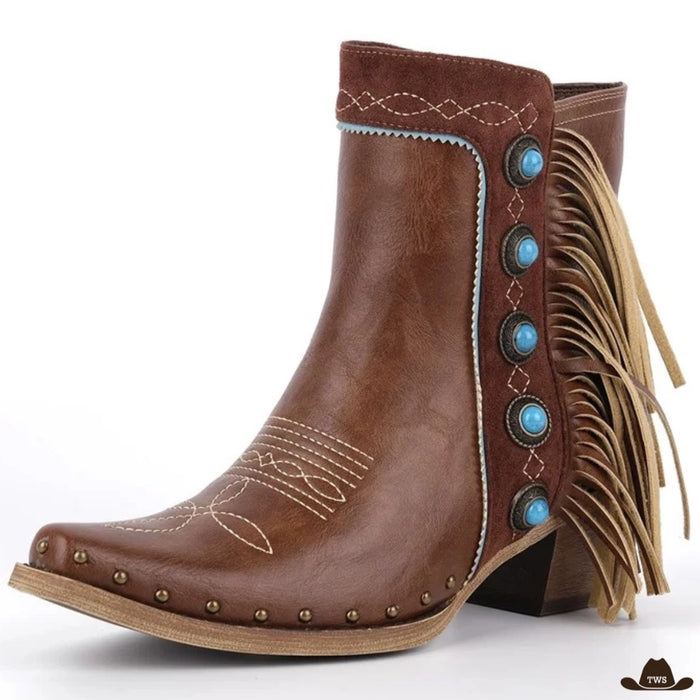 Bottines santiags à talon coloris marron, franges latérales et cabochons turquoise
