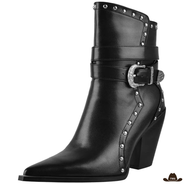 Bottines santiags noires femme, clous et bride à boucle ciselée