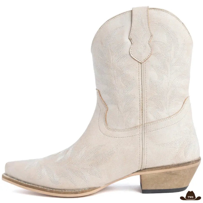 Bottines de Country en cuir véritable crème, broderies feuilles ton sur ton