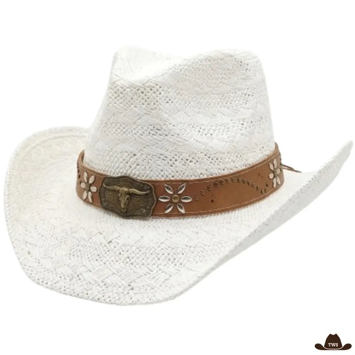 Chapeau western femme blanc, bandeau camel à tête de taureau