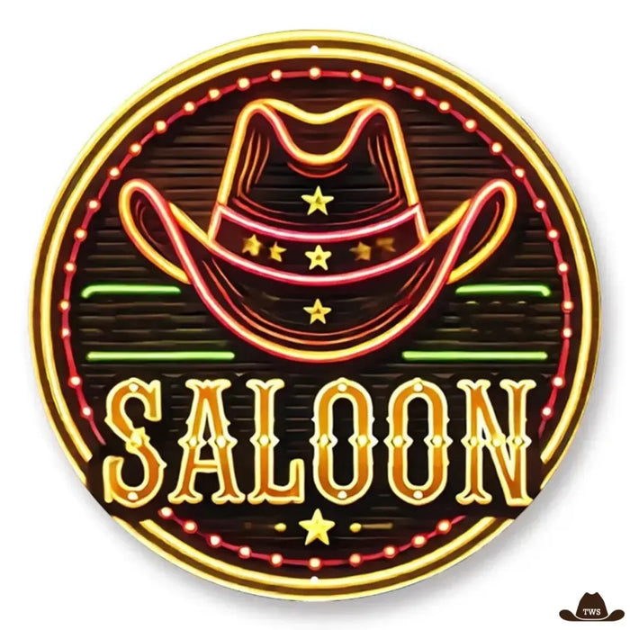 Enseigne Saloon en métal, effet néon imprimé, chapeau de cowboy