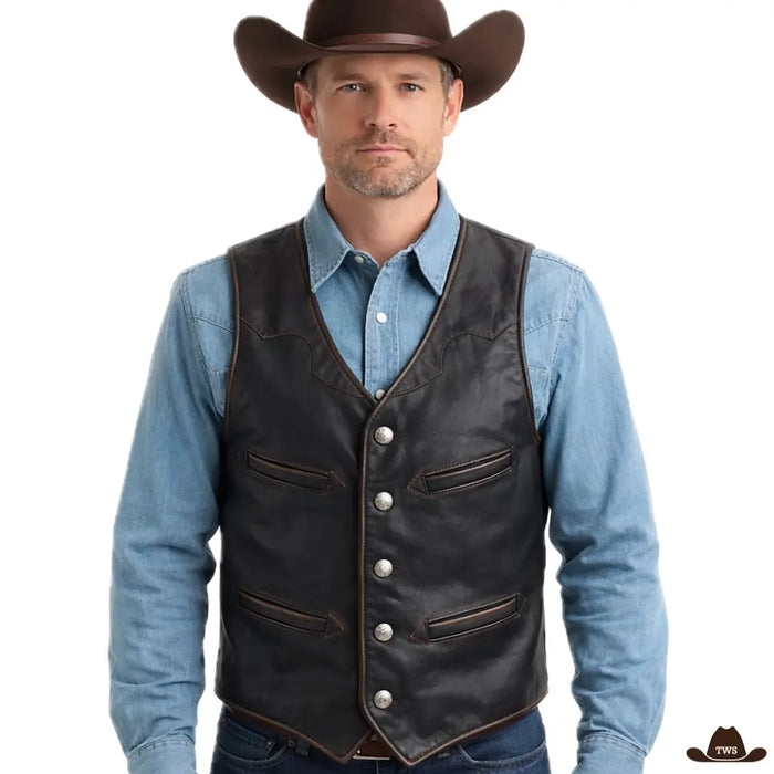 Gilet Cuir Cowboy Homme en cuir véritable, vintage authentique