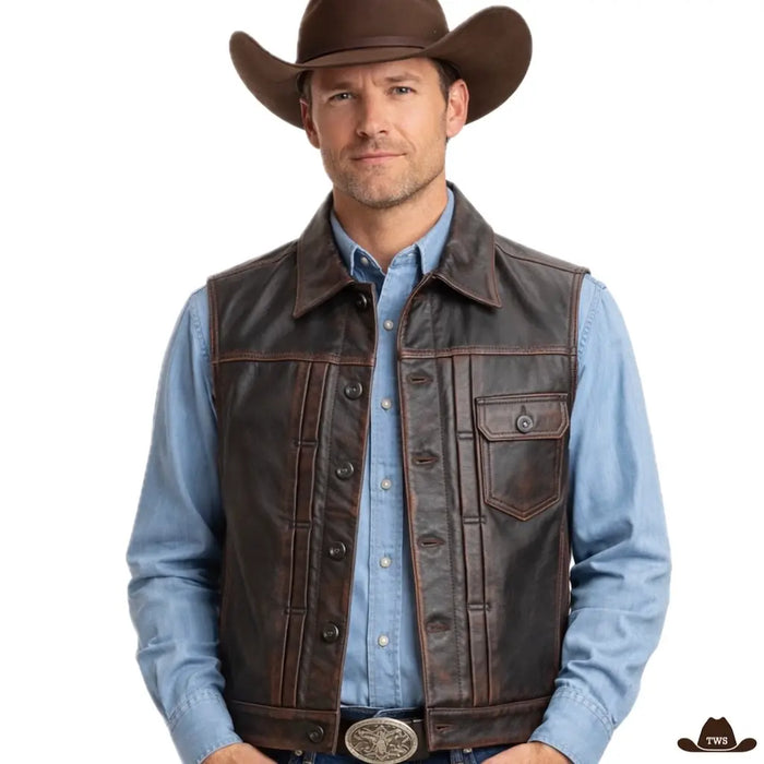 Gilet Homme Sans Manche en Cuir Western