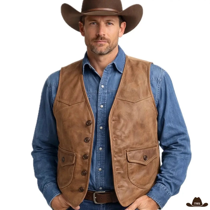 Gilet Cowboy Vache en cuir véritable, dos tissu motifs amérindiens