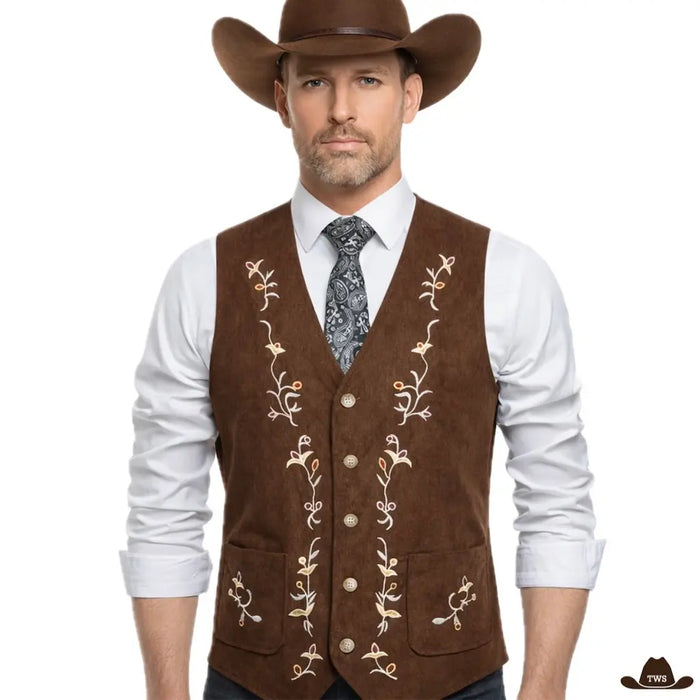 Gilet de Cowboy Marron en velours côtelé brodé de fleurs
