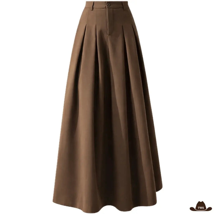 Jupe longue plissée marron à taille haute, vue à plat