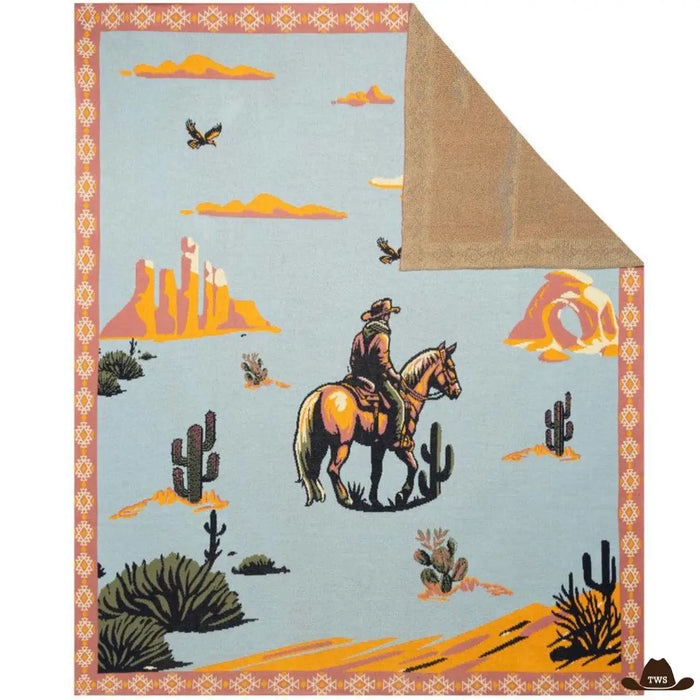 Plaid Western en coton tricoté, motif cowboy central et cactus de Monument Valley