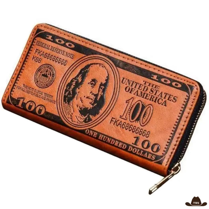 Portefeuille Western 100 Dollars aspect cuir, motif billet gravé et fermeture éclair sur le pourtour