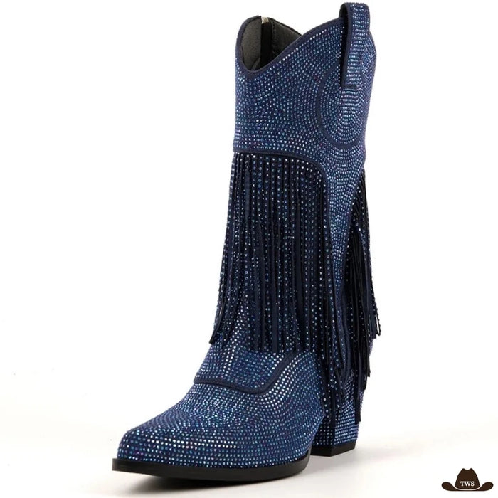 Santiags à strass bleu nuit vues de trois quarts avant