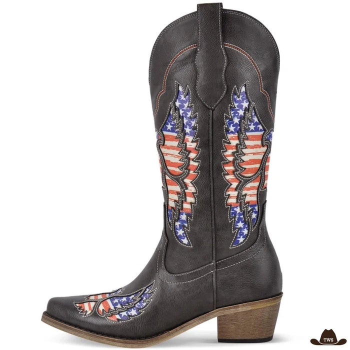 Santiags américaines en cuir anthracite, motif aigle drapeau américain sur la tige