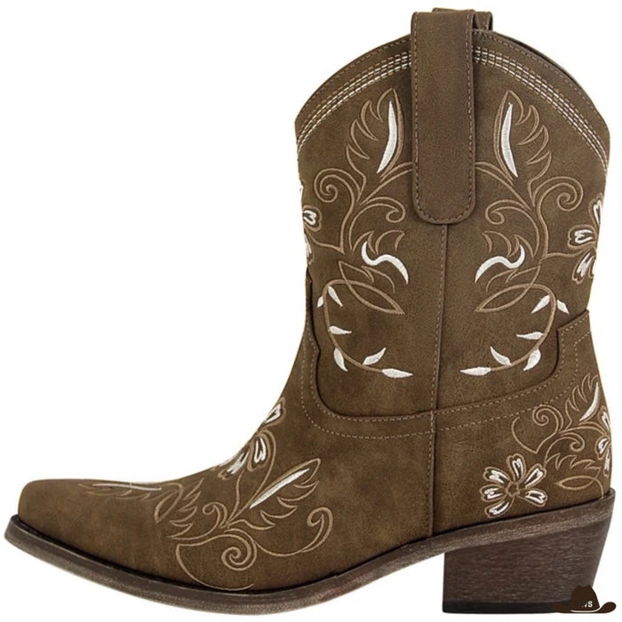 Santiags brodées femme coloris marron, motif floral et bout effilé