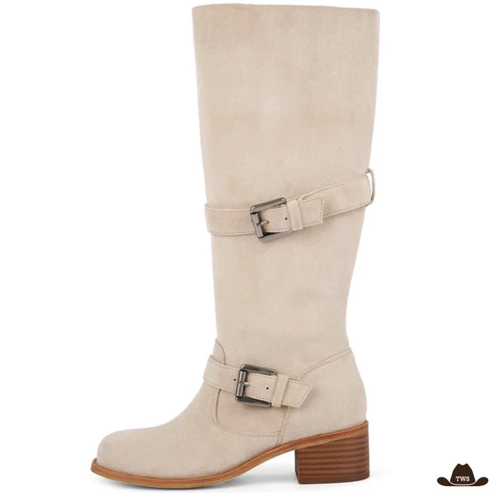 Santiags femme à tige haute suédée, deux sangles à boucle, bout rond, coloris beige, vue de profil
