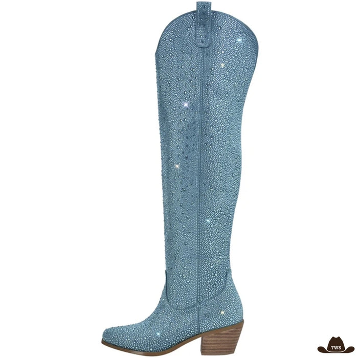 Santiags cuissardes bleu jean entièrement serties de strass, talon empilé
