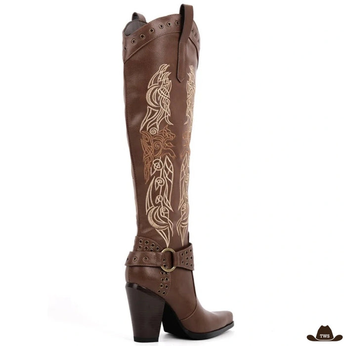 Santiags marron pour femme, broderies celtiques et ceinture à œillets