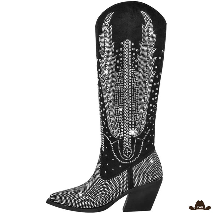 Santiags noires femme entièrement serties de strass, motif western sur la tige