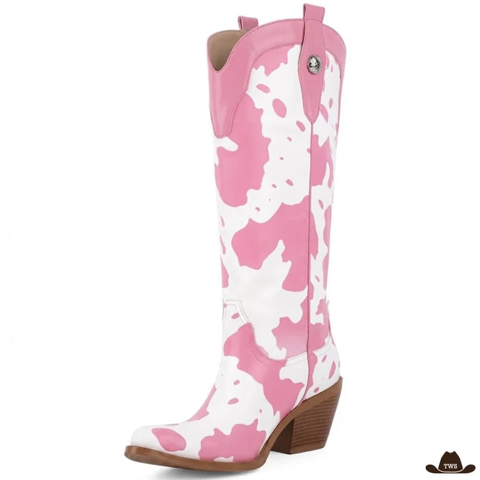 Santiags à imprimé vache rose et blanc, tige haute, vue de profil