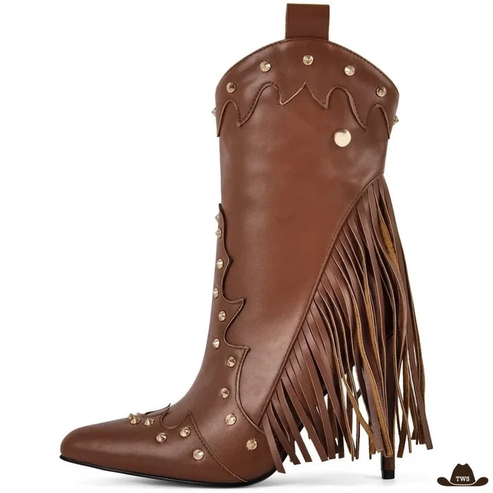 Santiags talon aiguille marron à franges latérales et clous dorés, vue de profil