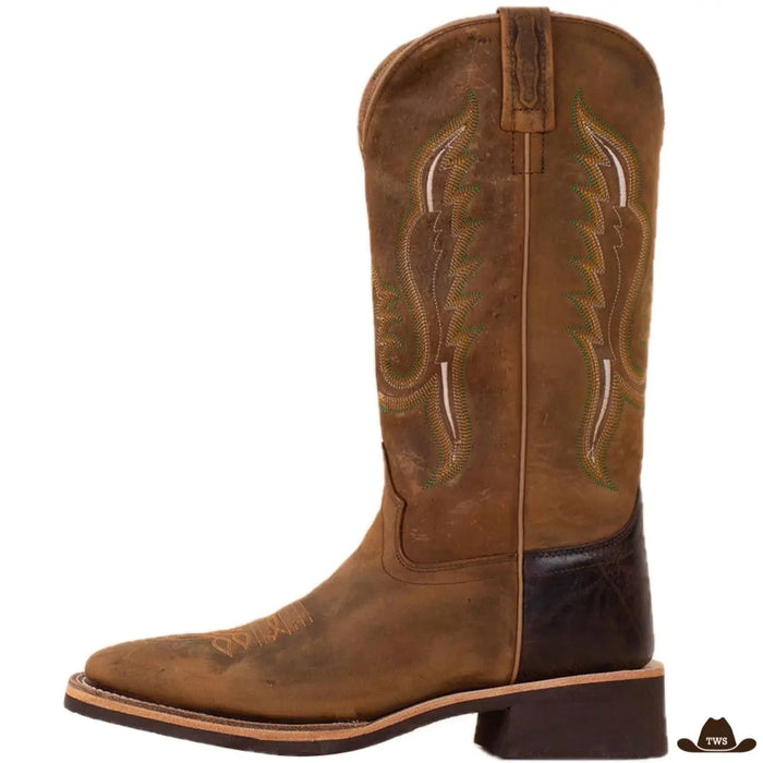 Santiags Cowboy en cuir véritable, bicolore marron et beige avec broderies traditionnelles