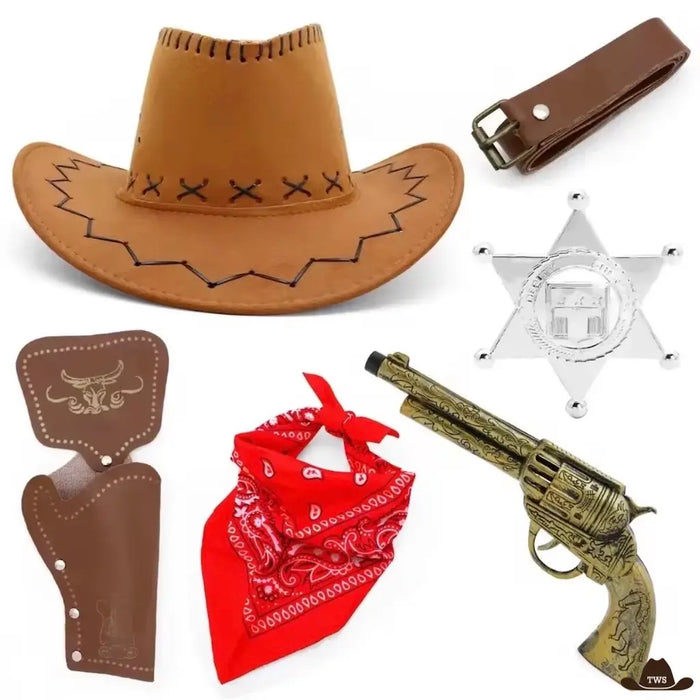 Set de déguisement cowboy enfant : chapeau, bandana, étoile de shérif, ceinture, double holster et revolver