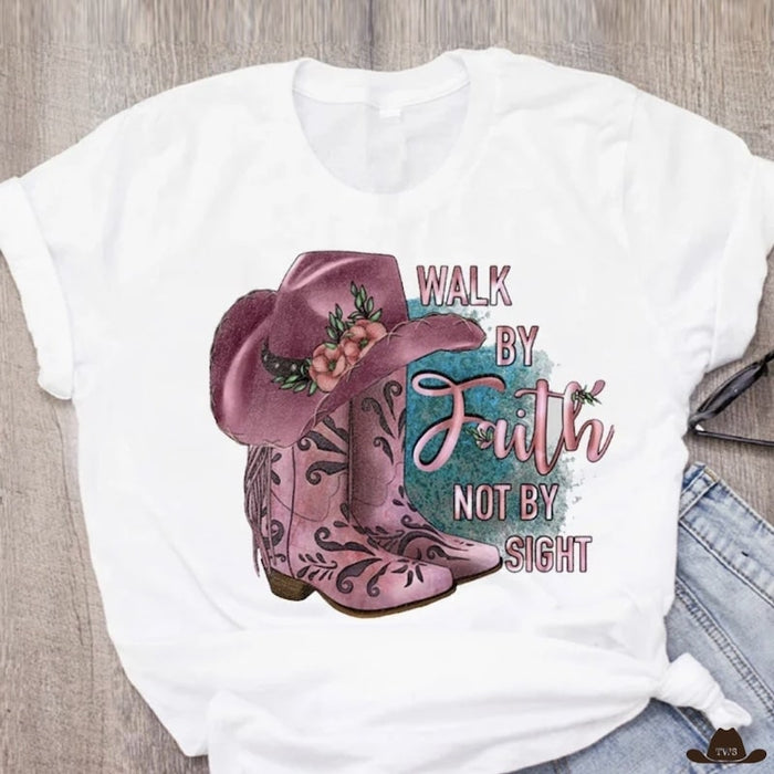 T-Shirt Blanc Country Femme en coton, motif western discret