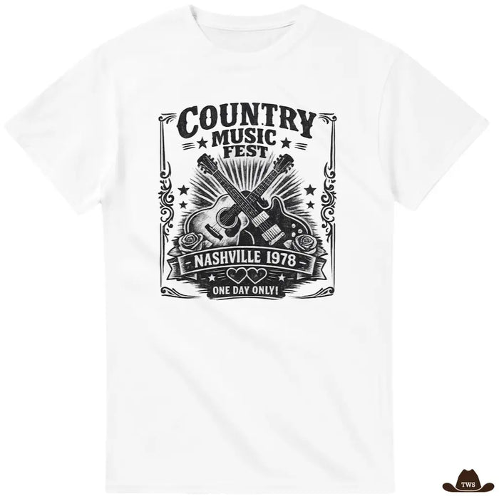 T-shirt blanc imprimé Country Music Fest, deux guitares croisées et roses