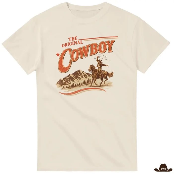 T-shirt blanc imprimé vintage The Original Cowboy, cavalier au lasso et montagnes