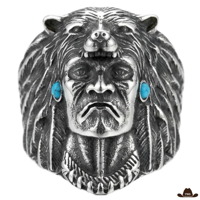 Bague tête d'Indien turquoise en acier, chef amérindien à coiffe de loup