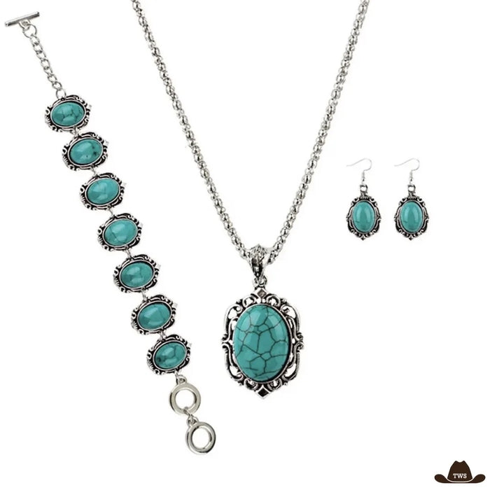 Bijoux turquoise femme en parure : collier à pendentif ovale ciselé, bracelet à maillons turquoise et boucles d'oreilles