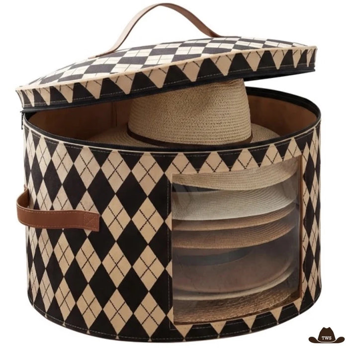 Boîte à chapeau ronde à losanges kaki et noir, ouverte