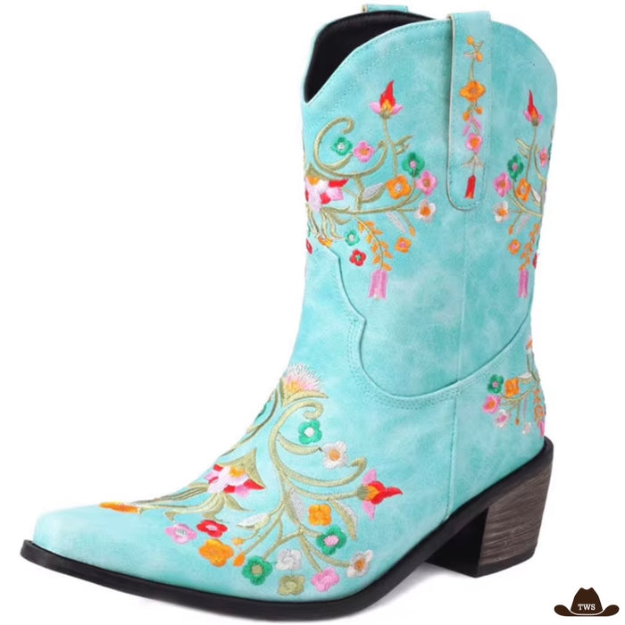 Boots santiags basses femme bleues brodées de fleurs