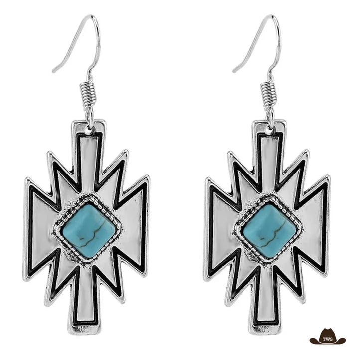 Boucles d'oreilles bleu turquoise modèle Aztèque, pendants à motif géométrique argenté et pierre turquoise carrée au centre