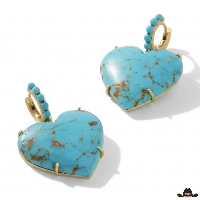 Boucles d'oreilles cœur turquoise, pendants en pierre turquoise veinée sur griffes dorées, créoles ornées de perles turquoise