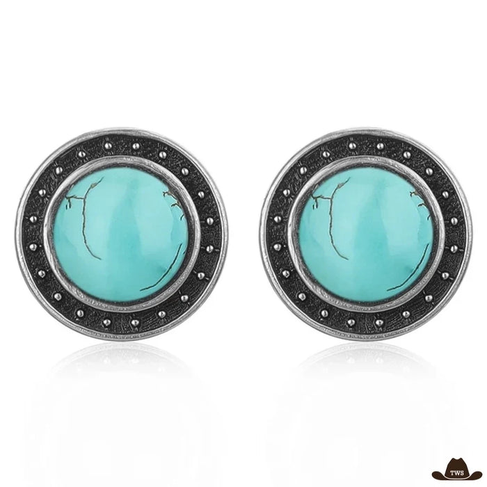 Boucles d'oreilles turquoise argent en clous ronds, cabochon turquoise veiné dans un cercle d'argent patiné perlé