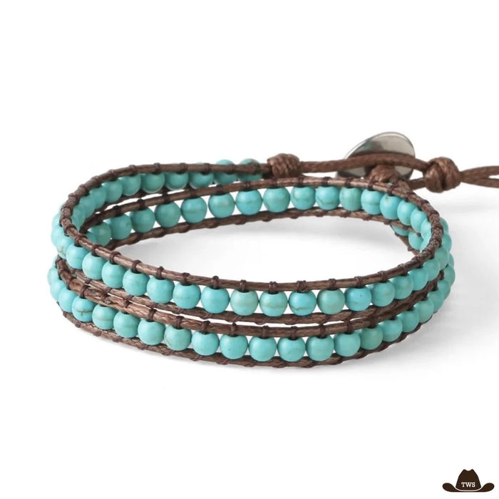 Bracelet bleu turquoise cordon marron, deux tours de perles turquoise rondes tissées entre deux cordons, bouton de fermeture