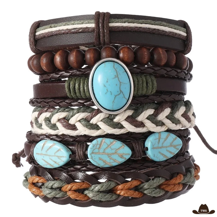 Bracelet homme turquoise en lot de six bracelets empilés, cabochon ovale, feuilles turquoise, cordons tressés, perles brunes