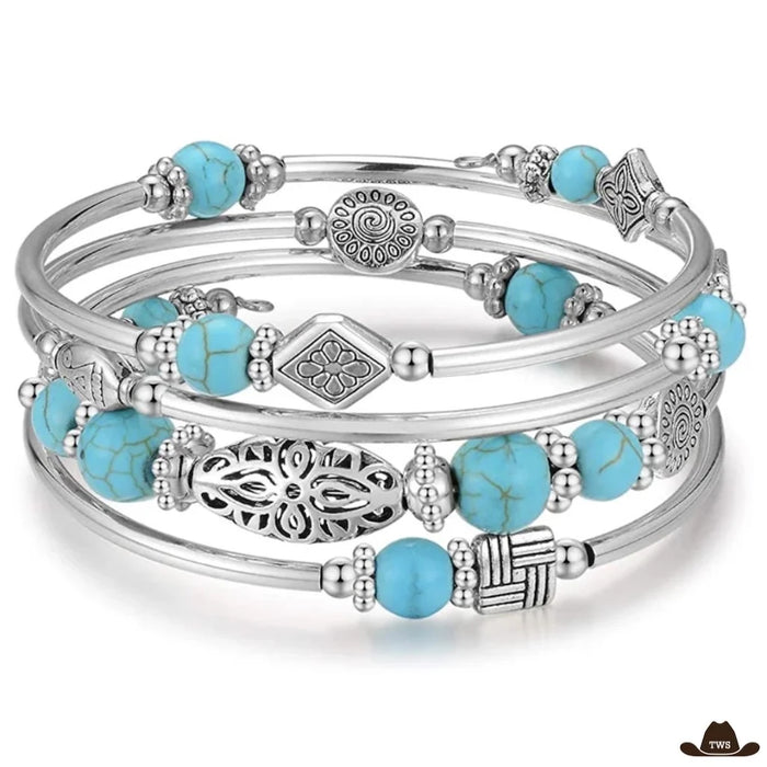 Bracelet perle turquoise femme en spirale à plusieurs tours, perles turquoise, tubes argentés et motifs ajourés ciselés
