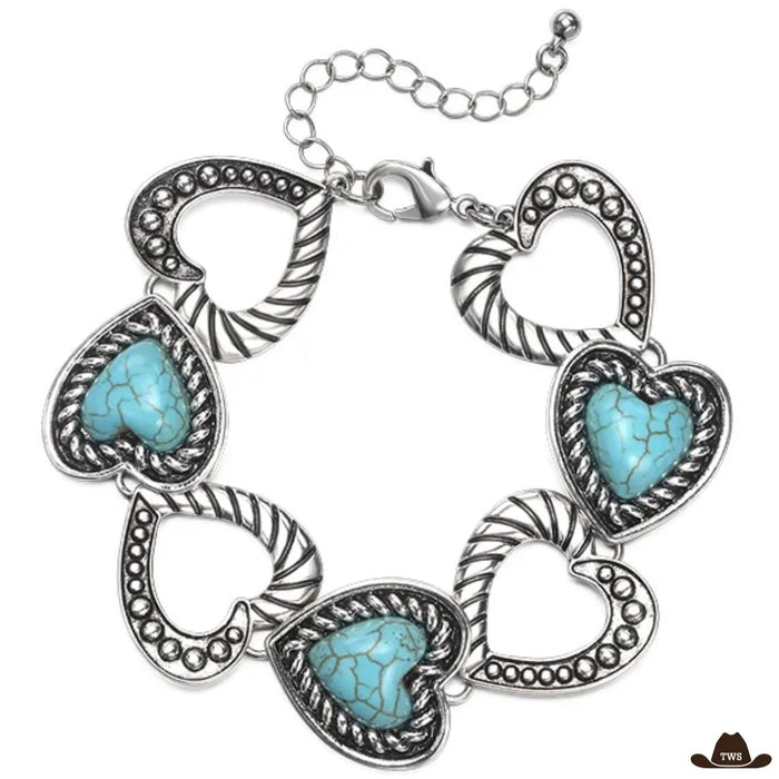Bracelet pierre turquoise femme en maillons cœurs argentés, trois cœurs sertis de turquoise alternés avec des cœurs ajourés