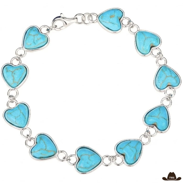 Bracelet turquoise femme en chaîne de cœurs turquoise veinés, dans un entourage argenté, reliés par de petits anneaux