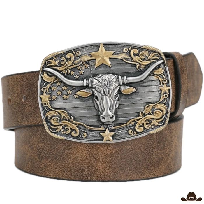 Ceinture Camel Boucle Western, boucle tête de taureau longhorn argent et or sur sangle camel