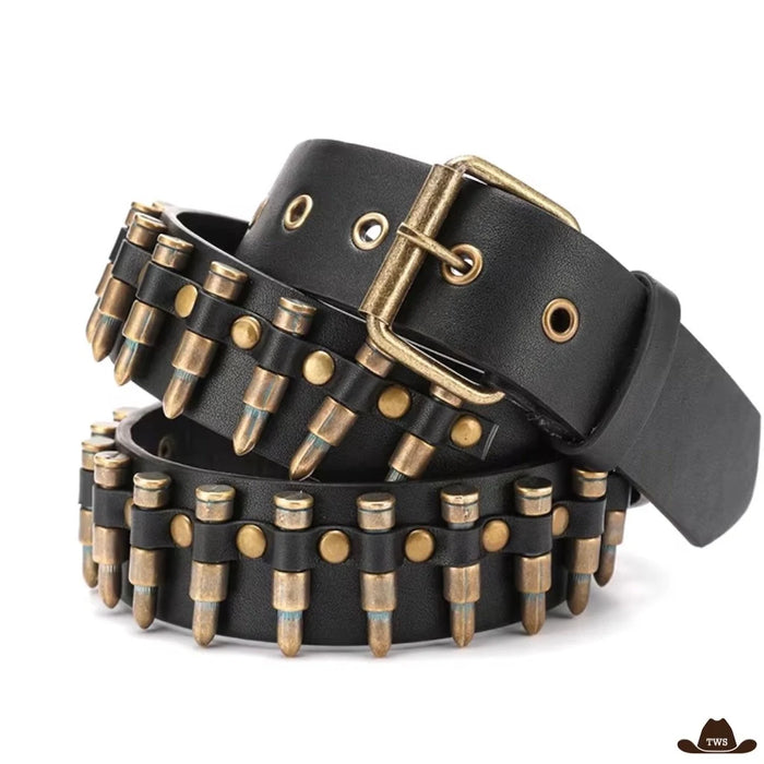 Ceinture cowboy noire avec balles en bronze vieilli et boucle carrée assortie