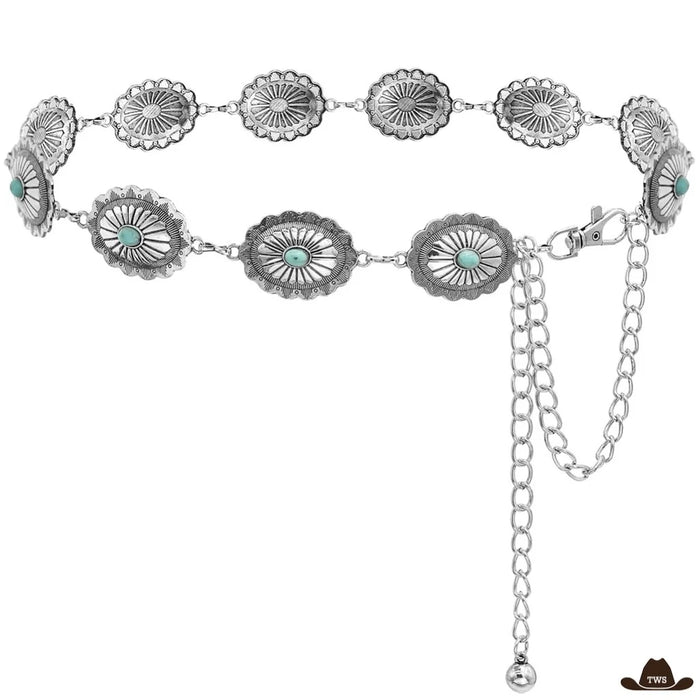 Ceinture pierre turquoise en chaîne de conchos ovales argentés ciselés, pierres turquoise au centre et chaîne de réglage