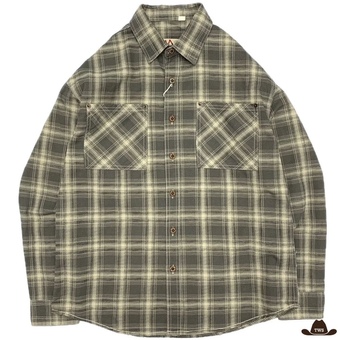 Chemise cowboy à carreaux fondus gris-vert, vue de face