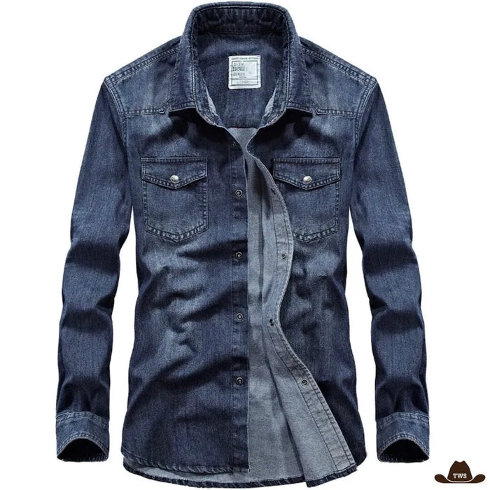 Chemise en jean western bleu marine délavée à poches à rabat