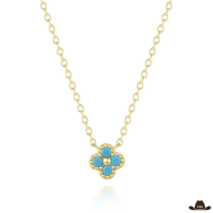 Collier argent turquoise finition dorée, trèfle à quatre petites pierres turquoise et liseré perlé sur une fine chaîne