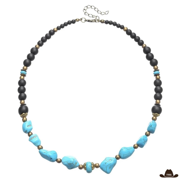 Collier homme turquoise à pierres turquoise brutes, perles noires mates et perles couleur bronze, chaînette de réglage