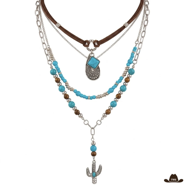Collier turquoise modèle Cactus : cordon marron, médaillon argenté, rang de perles turquoise et pendentif cactus en long