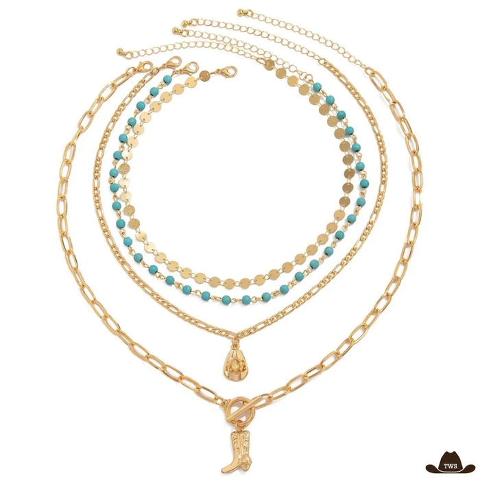 Collier turquoise femme doré à quatre rangs : pastilles, perles turquoise, pendentif chapeau de cowboy et botte au fermoir
